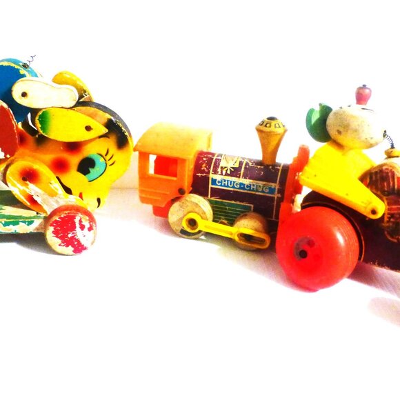 3 Vintage Fisher Price WOOD Pull Along Chug Chug Jalopy Horse Pre-School - Picture 5 of 10